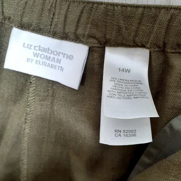 Liz Claiborne Woman Olive Green Linen Blend Pants Draw String Waist Size 14W - Picture 2 of 7